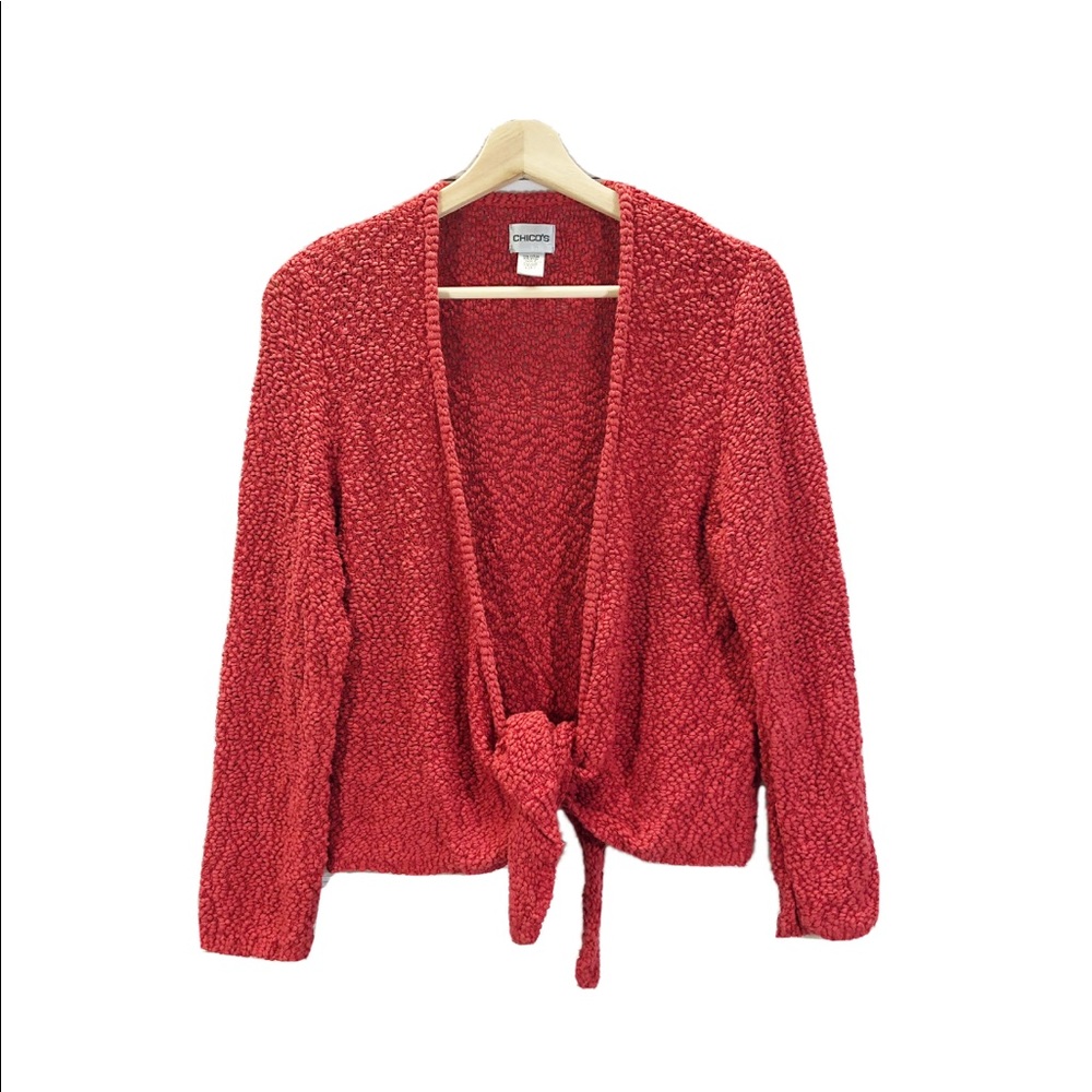 Chicos Knit Cardigan Sweater Open Front Tie Orange Sz 2